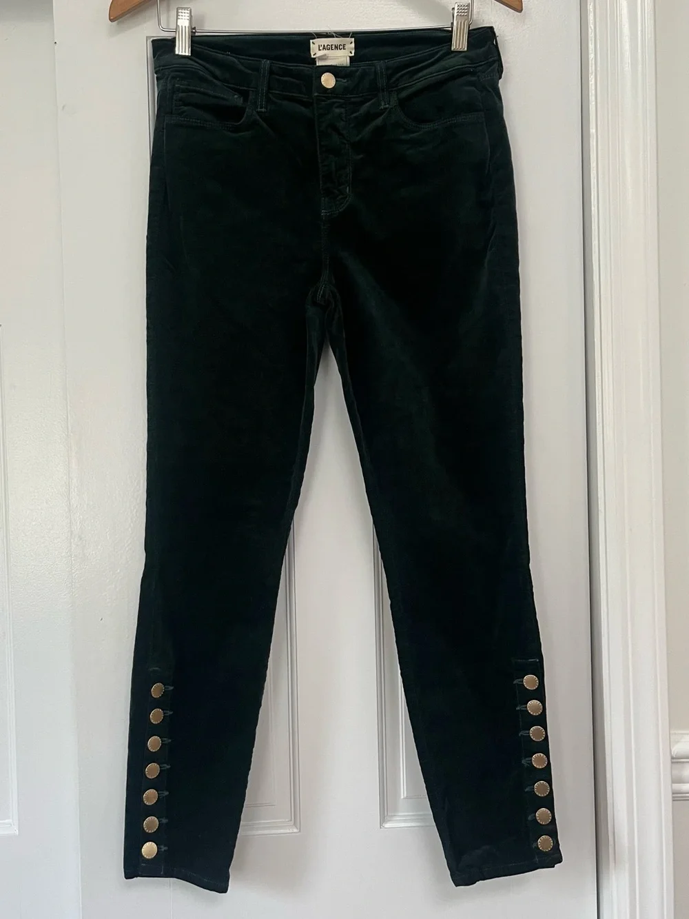 L'agence Womens Green Velvet High Rise Skinny Jeans Gold Tone Buttons Size 28